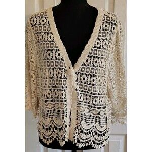Liverpool Los Angeles Lace Openwork Cardigan Antique Ivory S/M 100% Cotton